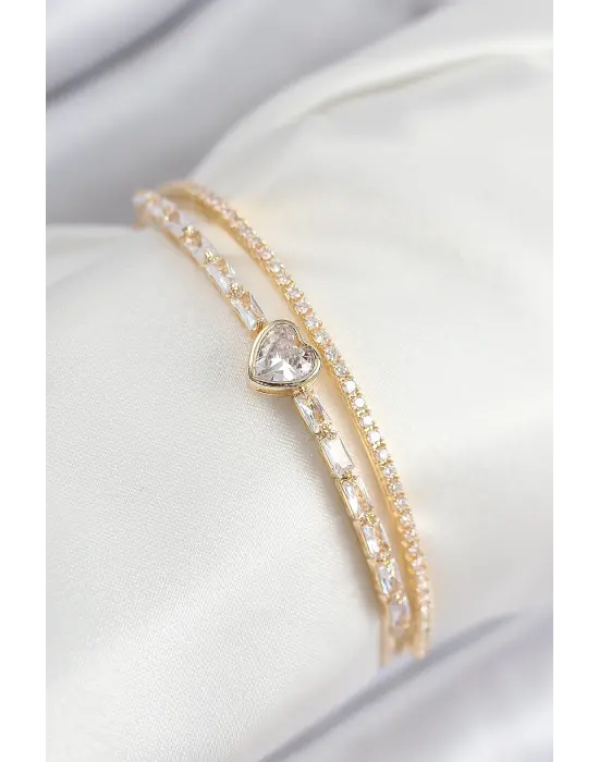 Pirinç Zirkon Taşlı Kalp Model Gold Renk Kadın Bileklik