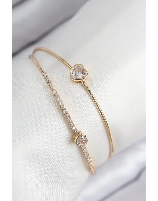 Pirinç Zirkon Taşlı Kalp Model Gold Renk Kadın Bileklik