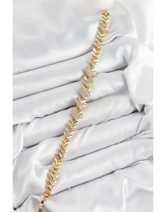 Pirinç Zirkon Taşlı Kalp Model Gold Renk Kadın Bileklik