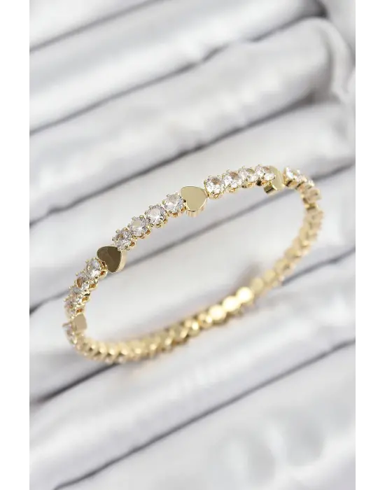 Pirinç Zirkon Taşlı Kalp Model Gold Renk Yaylı Kadın Bileklik