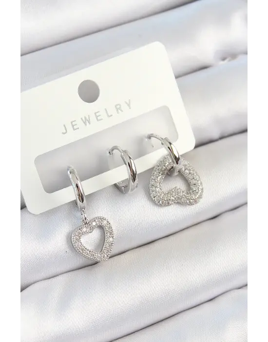 Pirinç Zirkon Taşlı Kalp Model Gümüş Renk 3lü Çift Kadın Küpe Set