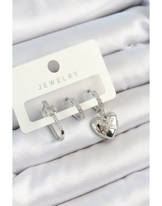 Pirinç Zirkon Taşlı Kalp Model Gümüş Renk 3lü Çift Kadın Küpe Set