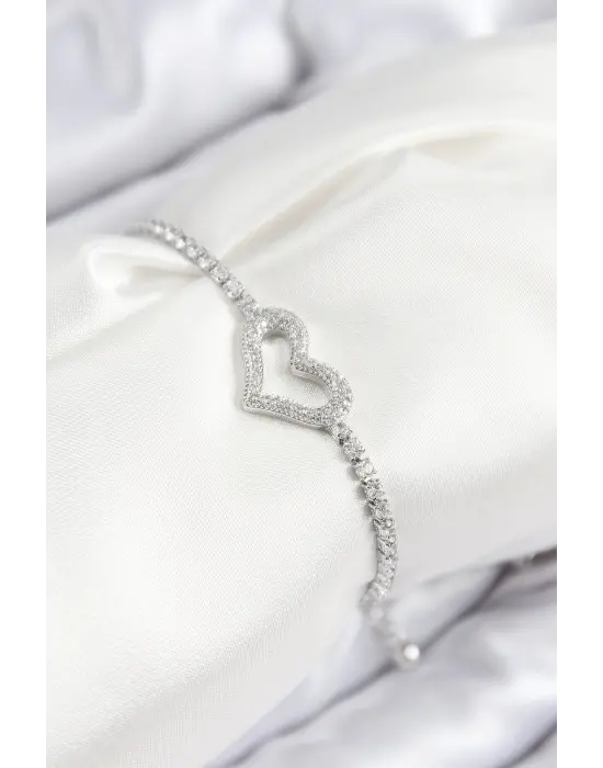 Pirinç Zirkon Taşlı Kalp Model Gümüş Renk Asansörlü Kadın Bileklik