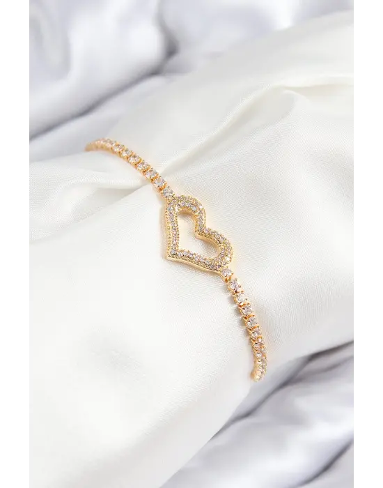 Pirinç Zirkon Taşlı Kalp Model Gümüş Renk Asansörlü Kadın Bileklik