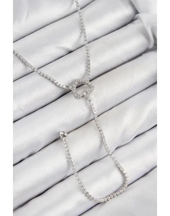 Pirinç Zirkon Taşlı Kalp Model Gümüş Renk  Y Kolye