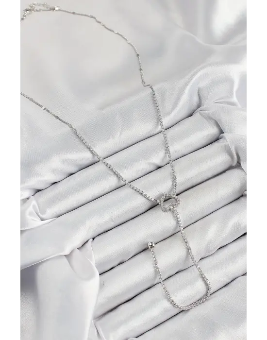 Pirinç Zirkon Taşlı Kalp Model Gümüş Renk  Y Kolye