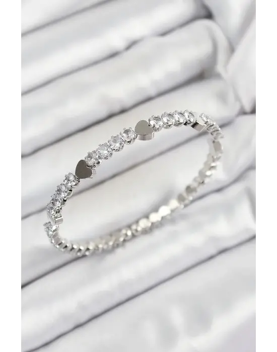 Pirinç Zirkon Taşlı Kalp Model Gümüş Renk Yaylı Kadın Bileklik