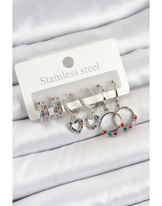 Pirinç Zirkon Taşlı Kalp Ve Halka Model Gold Renk 6lı Set Kadın Küpe