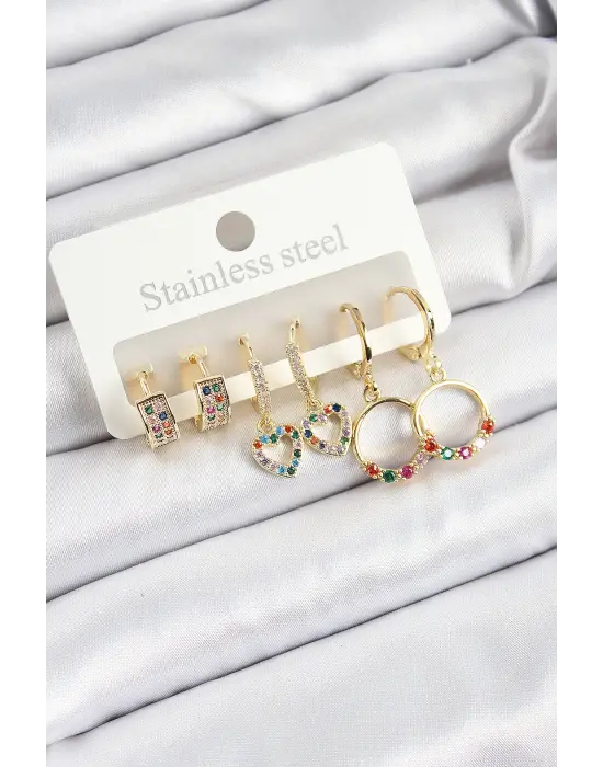 Pirinç Zirkon Taşlı Kalp Ve Halka Model Gold Renk 6lı Set Kadın Küpe