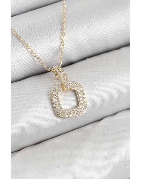 Pirinç Zirkon Taşlı Kare Model Gold Renk Kadın Kolye