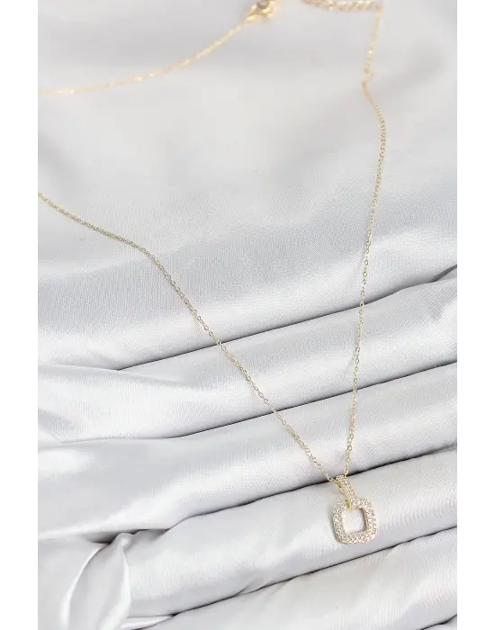 Pirinç Zirkon Taşlı Kare Model Gold Renk Kadın Kolye