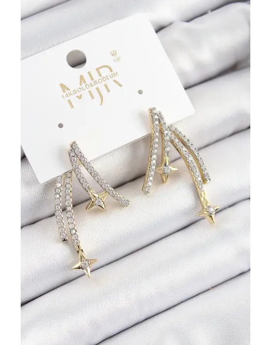 Pirinç Zirkon Taşlı Kayan Yıldız Model Gold Ve Gümüş Renk Kadın Küpe