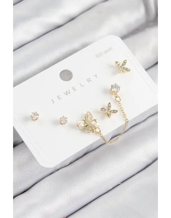 Pirinç Zirkon Taşlı Kelebek Model Gold Renk 925 Ayar Gümüş Çivi Kadın Küpe Set