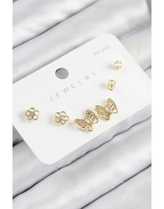 Pirinç Zirkon Taşlı Kelebek Model Gold Renk 925 Ayar Gümüş Çivi Kadın Küpe Set