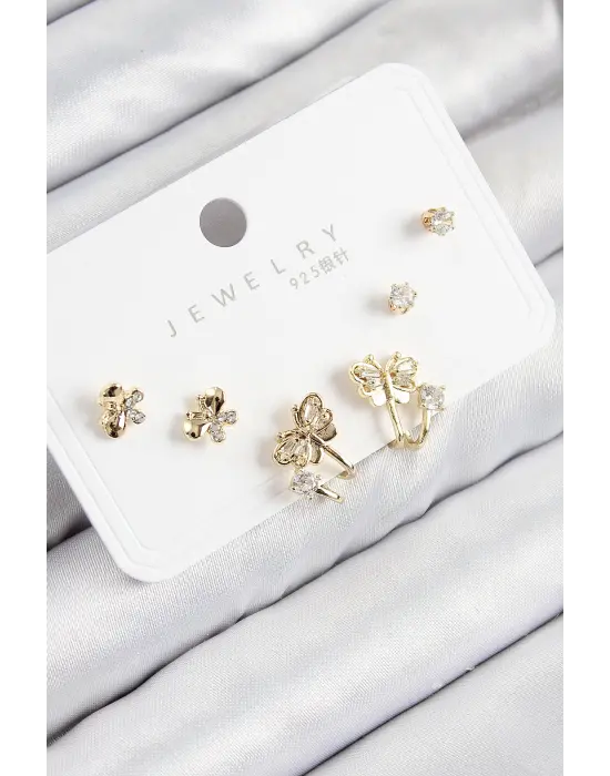 Pirinç Zirkon Taşlı Kelebek Model Gold Renk 925 Ayar Gümüş Çivi Kadın Küpe Set