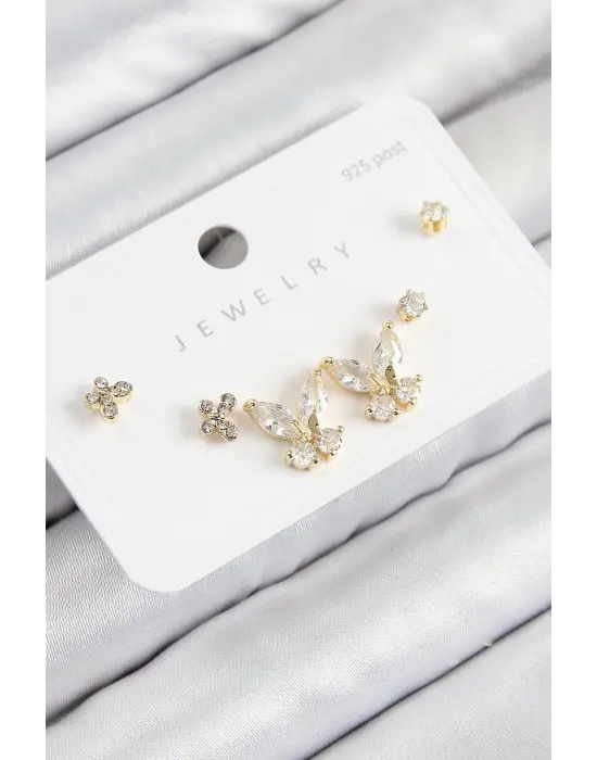Pirinç Zirkon Taşlı Kelebek Model Gold Renk 925 Ayar Gümüş Çivi Kadın Küpe Set