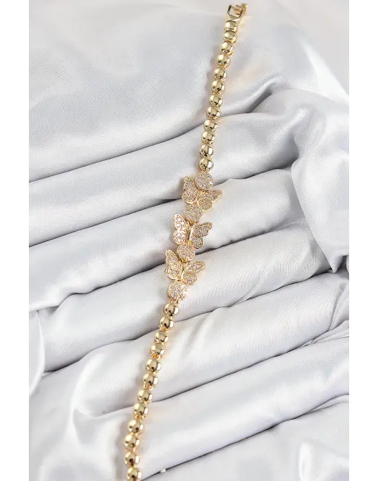 Pirinç Zirkon Taşlı Kelebek Model Gold Renk Kadın Bileklik
