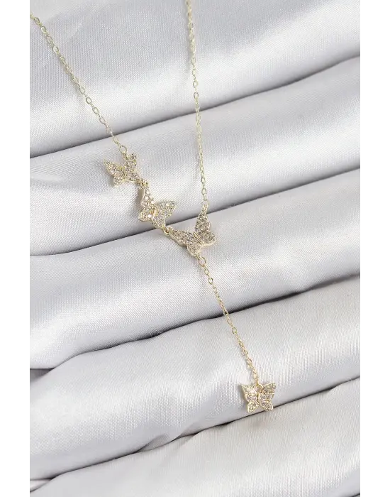 Pirinç Zirkon Taşlı Kelebek Model Gold Renk Kadın Kolye