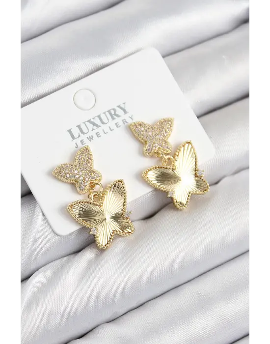 Pirinç Zirkon Taşlı Kelebek Model Gold Renk Kadın Küpe