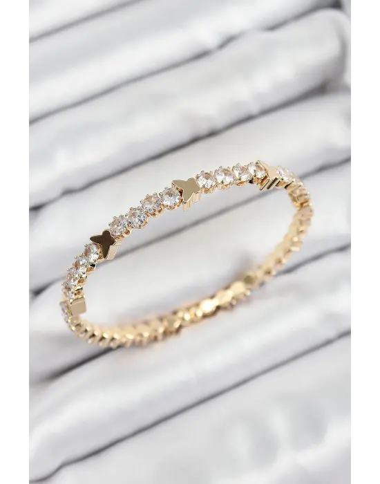 Pirinç Zirkon Taşlı Kelebek Model Gold Renk Yaylı Kadın Bileklik