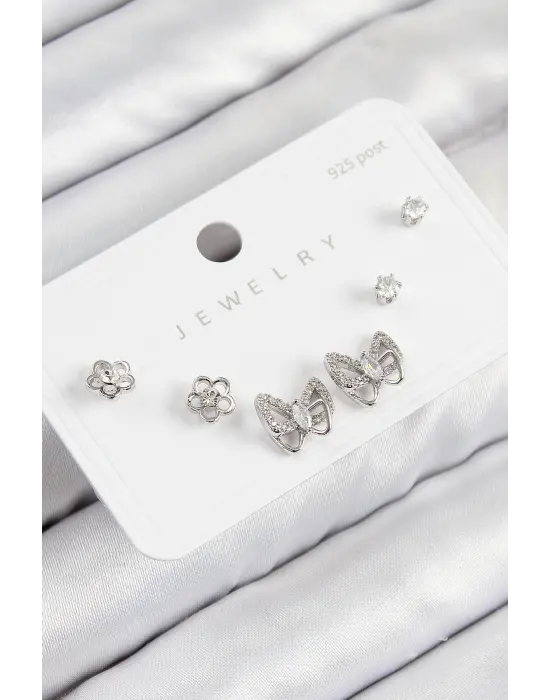Pirinç Zirkon Taşlı Kelebek Model Gümüş Renk 925 Ayar Gümüş Çivi Kadın Küpe Set