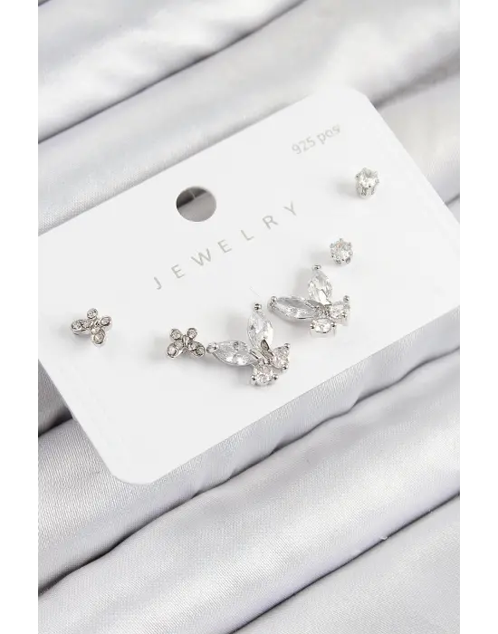 Pirinç Zirkon Taşlı Kelebek Model Gümüş Renk 925 Ayar Gümüş Çivi Kadın Küpe Set