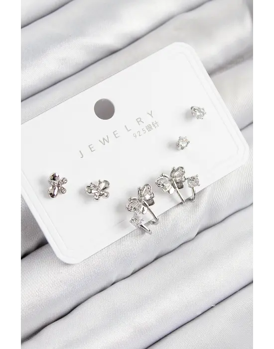 Pirinç Zirkon Taşlı Kelebek Model Gümüş Renk 925 Ayar Gümüş Çivi Kadın Küpe Set