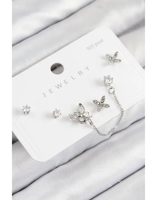 Pirinç Zirkon Taşlı Kelebek Model Gümüş Renk 925 Ayar Gümüş Çivi Kadın Küpe Set