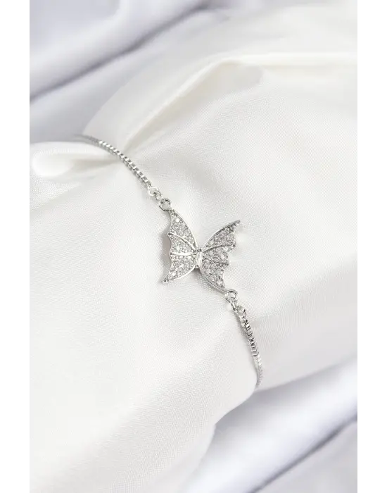 Pirinç Zirkon Taşlı Kelebek Model Gümüş Renk Asansörlü Kadın Bileklik