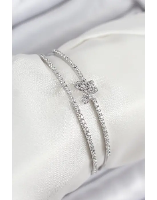 Pirinç Zirkon Taşlı Kelebek Model Gümüş Renk Kadın Bileklik