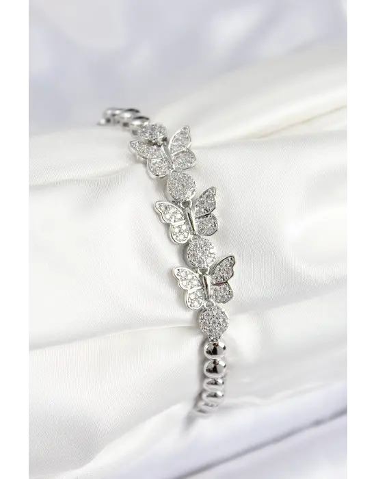 Pirinç Zirkon Taşlı Kelebek Model Gümüş Renk Kadın Bileklik