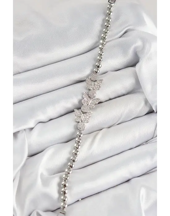 Pirinç Zirkon Taşlı Kelebek Model Gümüş Renk Kadın Bileklik