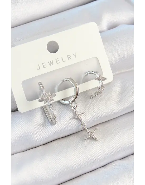 Pirinç Zirkon Taşlı Kelebek Ve Sallantılı Yıldız Model Gümüş Renk 3lü Çift Kadın Küpe Set