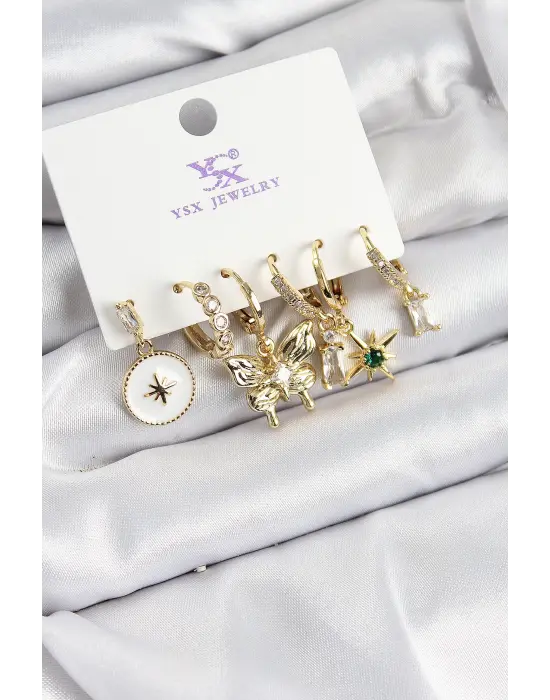 Pirinç Zİrkon Taşlı Kelebek ve Yıldız Model Gold Renk 3lü Çift Kadın Küpe