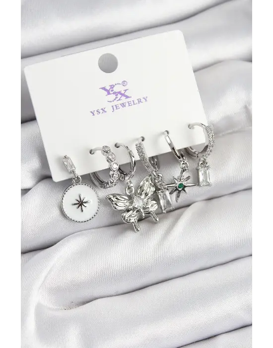 Pirinç Zİrkon Taşlı Kelebek ve Yıldız Model Gümüş Renk 3lü Çift Kadın Küpe