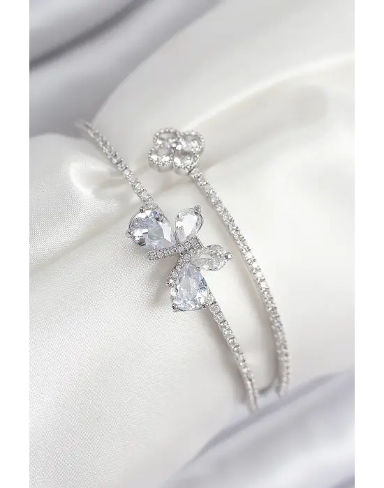 Pirinç Zirkon Taşlı Kelebek Ve Yonca Model Gümüş Renk Kadın Bileklik