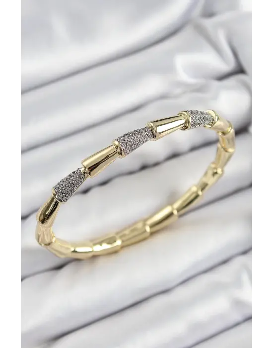 Pirinç Zirkon Taşlı Kemik Model Gold Renk Vip Kadın Bileklik