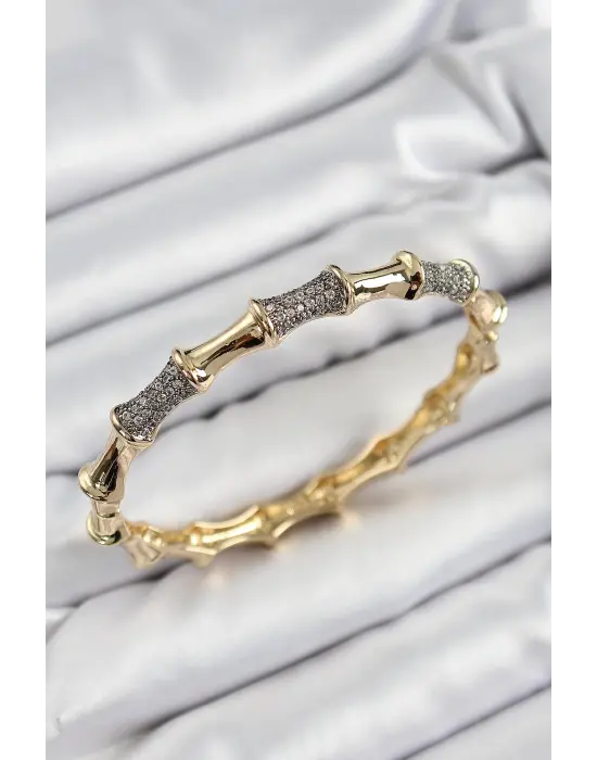 Pirinç Zirkon Taşlı Kemik Model Gold Renk Vip Kadın Bileklik