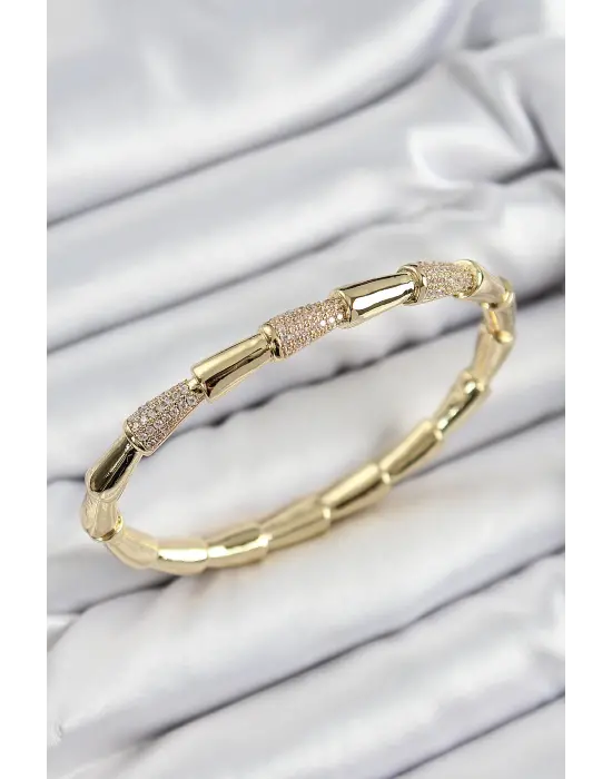 Pirinç Zirkon Taşlı Kemik Model Gold Renk Vip Kadın Bileklik