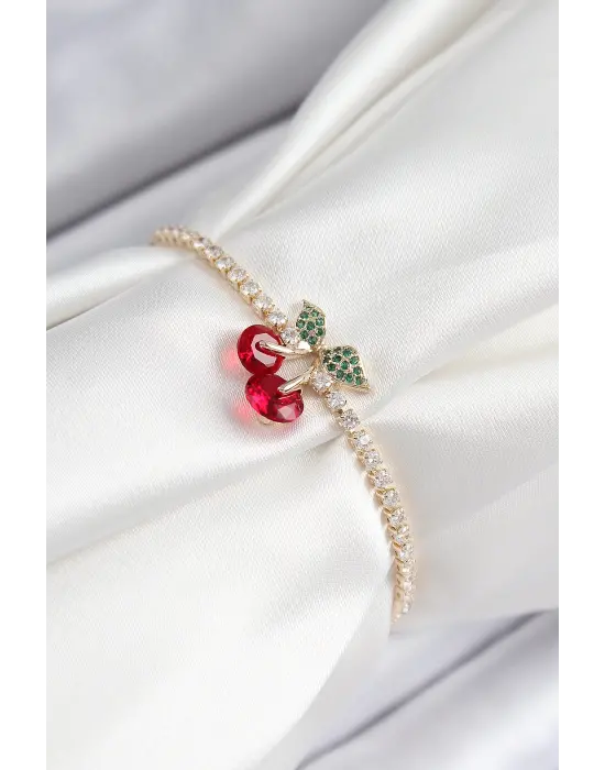 Pirinç Zirkon Taşlı Kiraz Model Gold Renk Asansörlü Kadın Bileklik