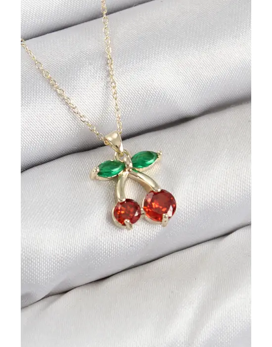 Pirinç Zirkon Taşlı Kiraz Model Gold Renk Kadın Kolye