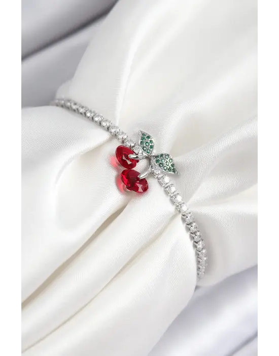 Pirinç Zirkon Taşlı Kiraz Model Gümüş Renk Asansörlü Kadın Bileklik