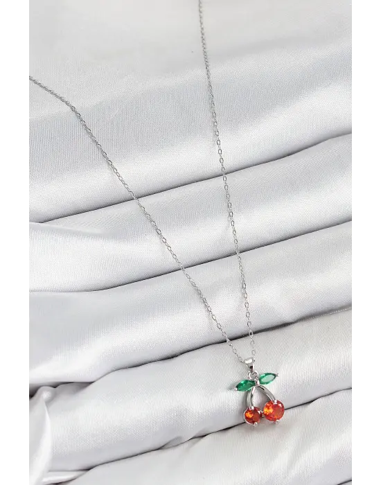 Pirinç Zirkon Taşlı Kiraz Model Gümüş Renk Kadın Kolye
