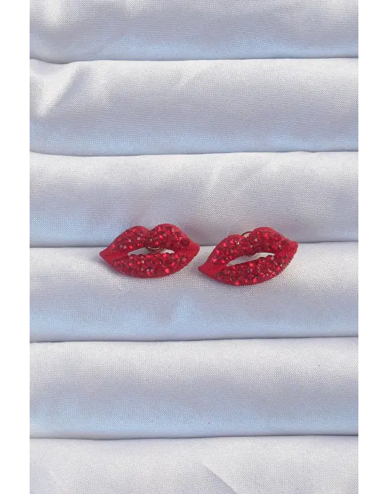  Zirkon Taşlı Kırmızı Dudak Model Küpe