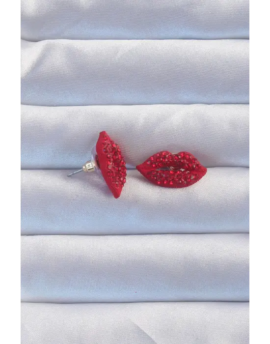  Zirkon Taşlı Kırmızı Dudak Model Küpe