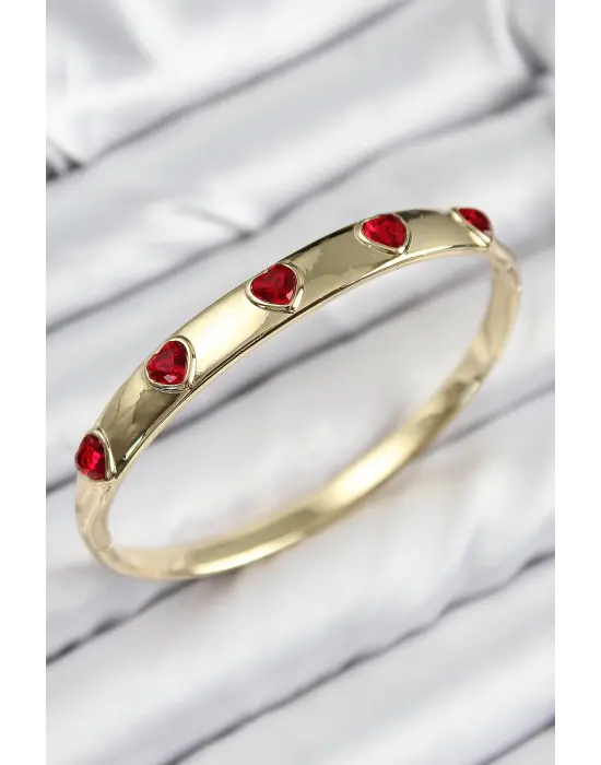 Pirinç Zirkon Taşlı Kırmızı Kalp Model Gold Renk Kadın Kelepçe