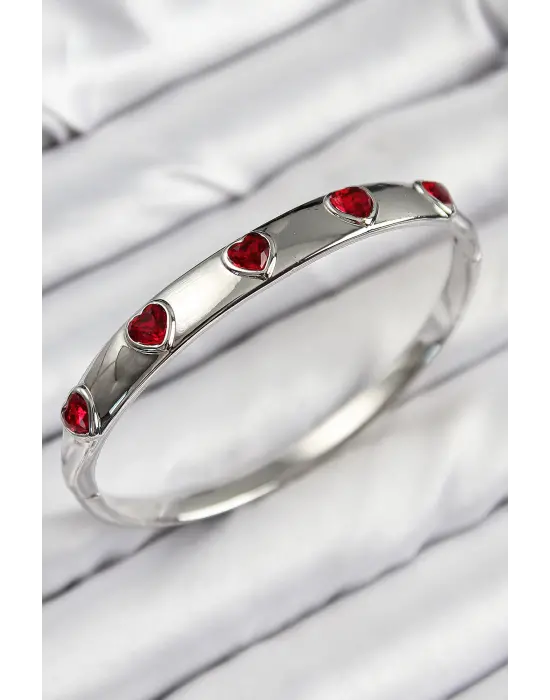 Pirinç Zirkon Taşlı Kırmızı Kalp Model Gümüş Renk Kadın Kelepçe