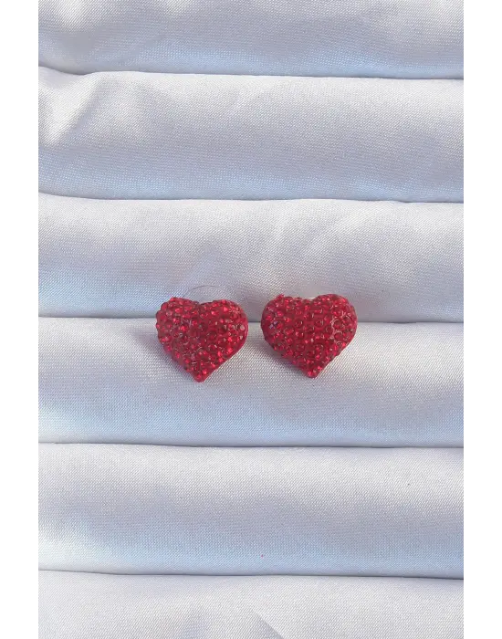  Zirkon Taşlı Kırmızı Kalp Model Küpe