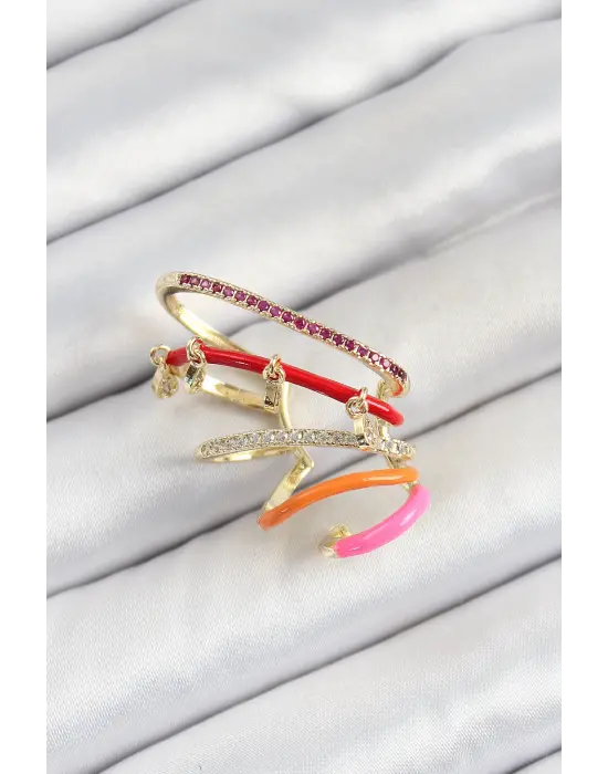 Pirinç Zirkon Taşlı Kırmızı Turuncu Pembe Sıkıştırma Sağ Kıkırdak Gold Renk Kadın Küpe