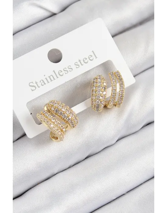 Pirinç Zirkon Taşlı Kıvrımlı Model Gold Renk Kadın Küpe